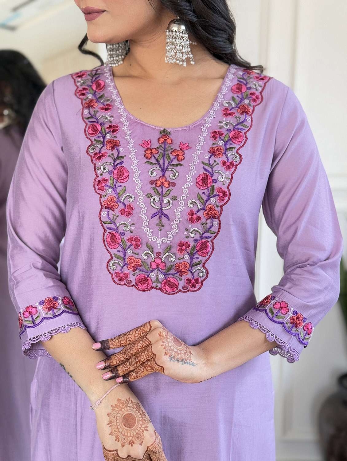 women solid with work three quarter sleeve kurta pant with dupatta set - 22481737 -  Standard Image - 5