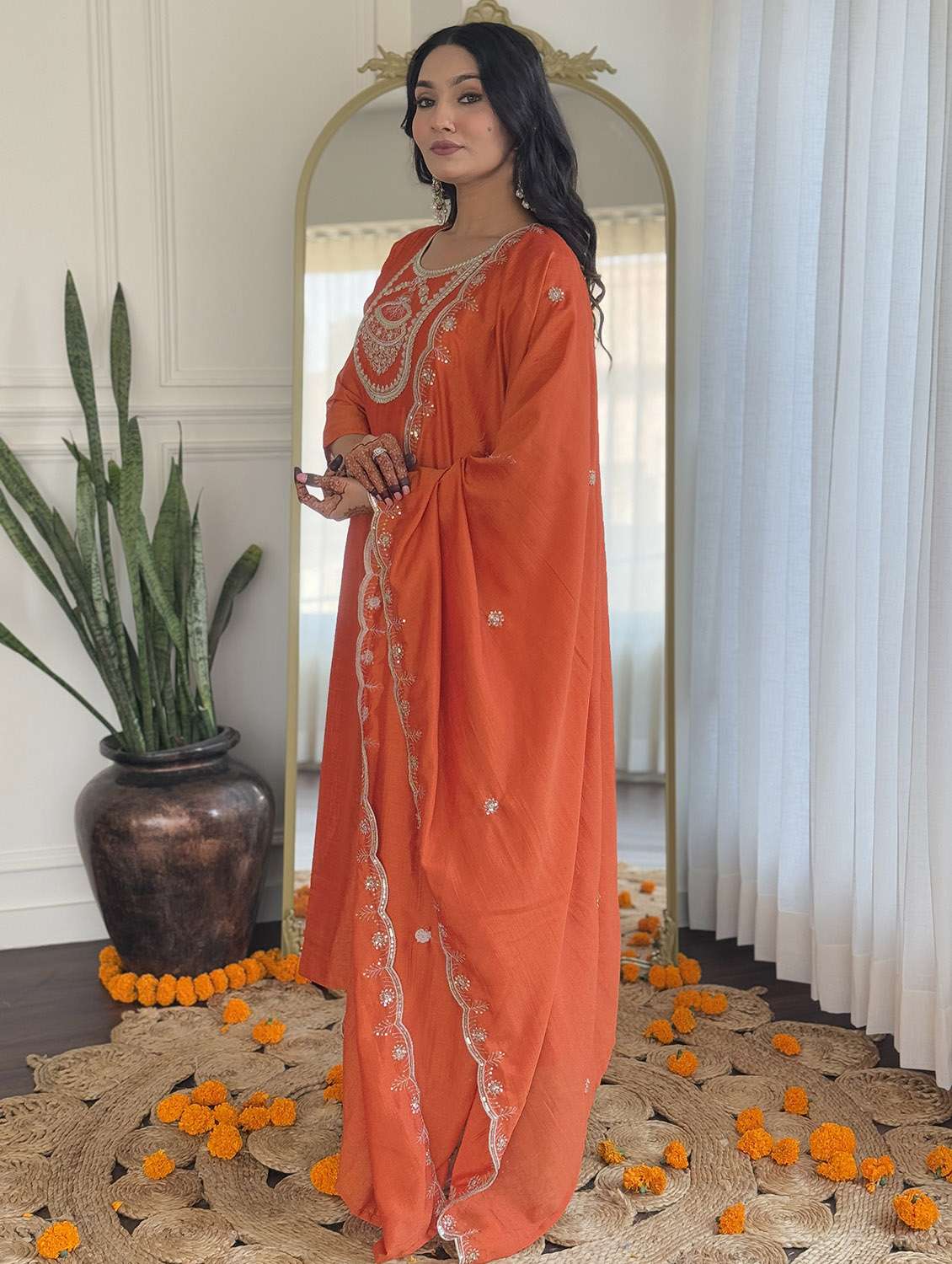 women solid with work three quarter sleeve kurta pant with dupatta set - 22481738 -  Standard Image - 3