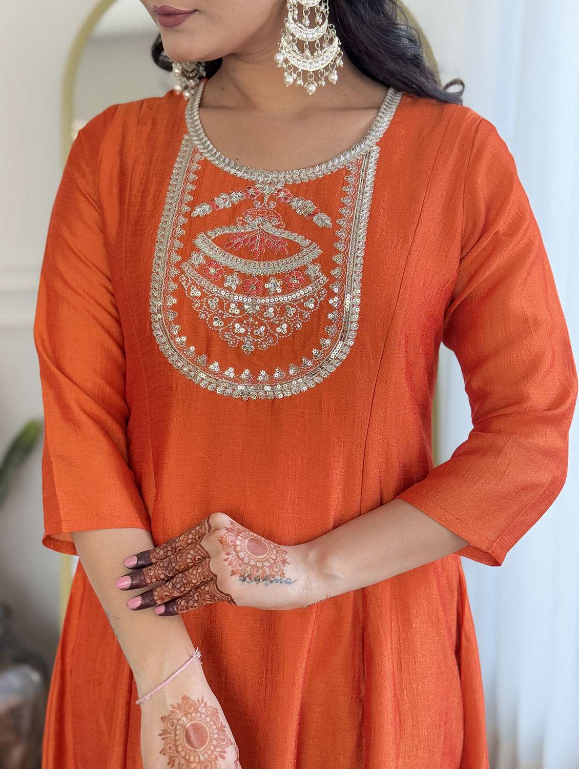 women solid with work three quarter sleeve kurta pant with dupatta set - 22481738 -  Standard Image - 5