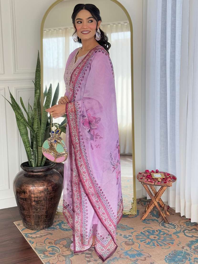 women solid with work three quarter sleeve kurta pant with dupatta set - 22481740 -  Standard Image - 3