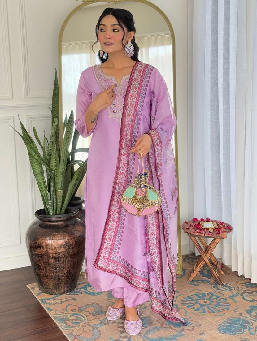 women solid with work three quarter sleeve kurta pant with dupatta set - 22481740 -  Standard Image - 5
