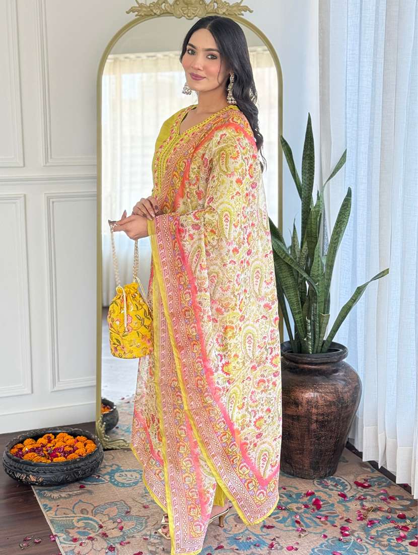 women solid with work three quarter sleeve kurta pant with dupatta set - 22481741 -  Standard Image - 3