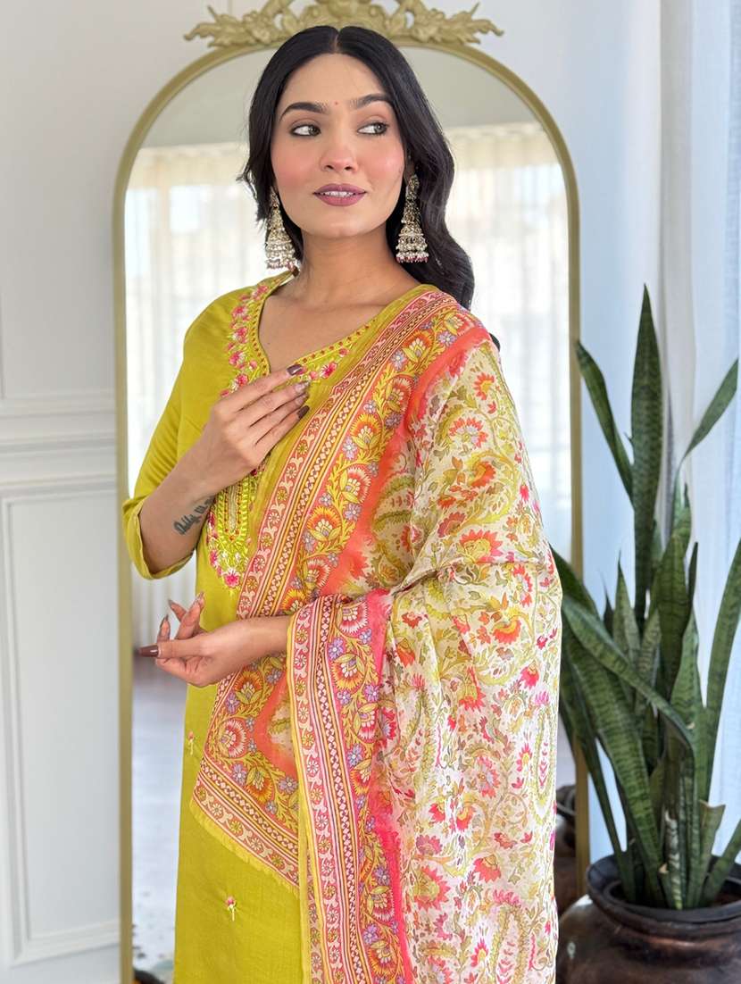 women solid with work three quarter sleeve kurta pant with dupatta set - 22481741 -  Standard Image - 5