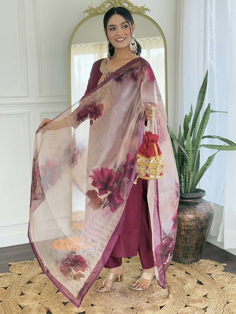 women solid with work three quarter sleeve kurta pant with dupatta set - 22481742 -  Standard Image - 5