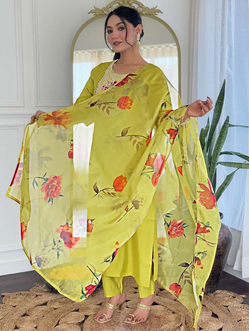 women solid with work three quarter sleeve kurta pant with dupatta set - 22481743 -  Standard Image - 5