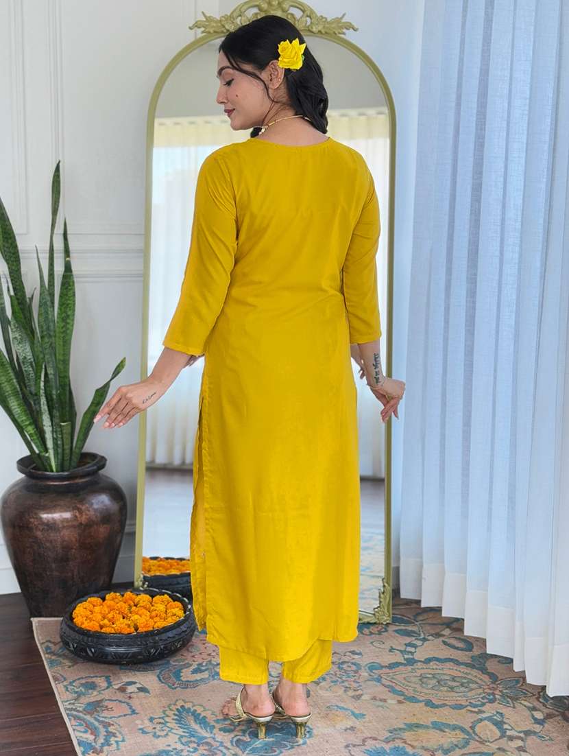 women solid with work three quarter sleeve kurta pant with dupatta set - 22481745 -  Standard Image - 3