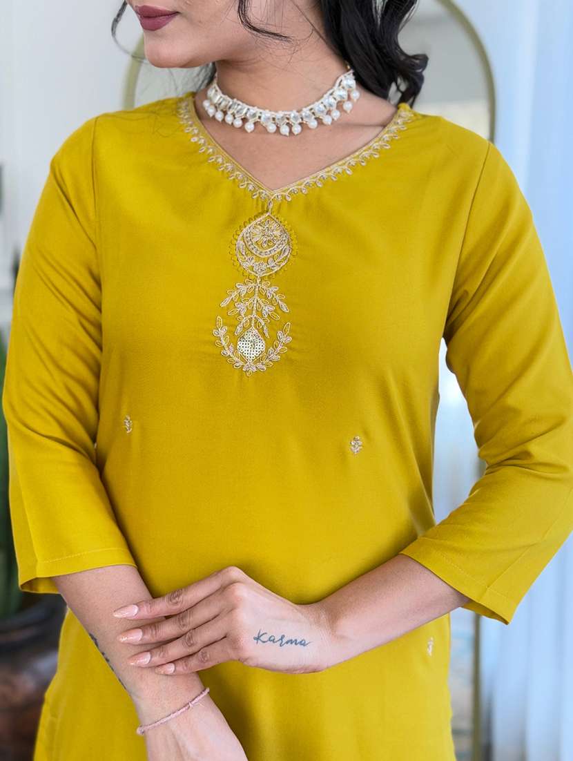 women solid with work three quarter sleeve kurta pant with dupatta set - 22481745 -  Standard Image - 5