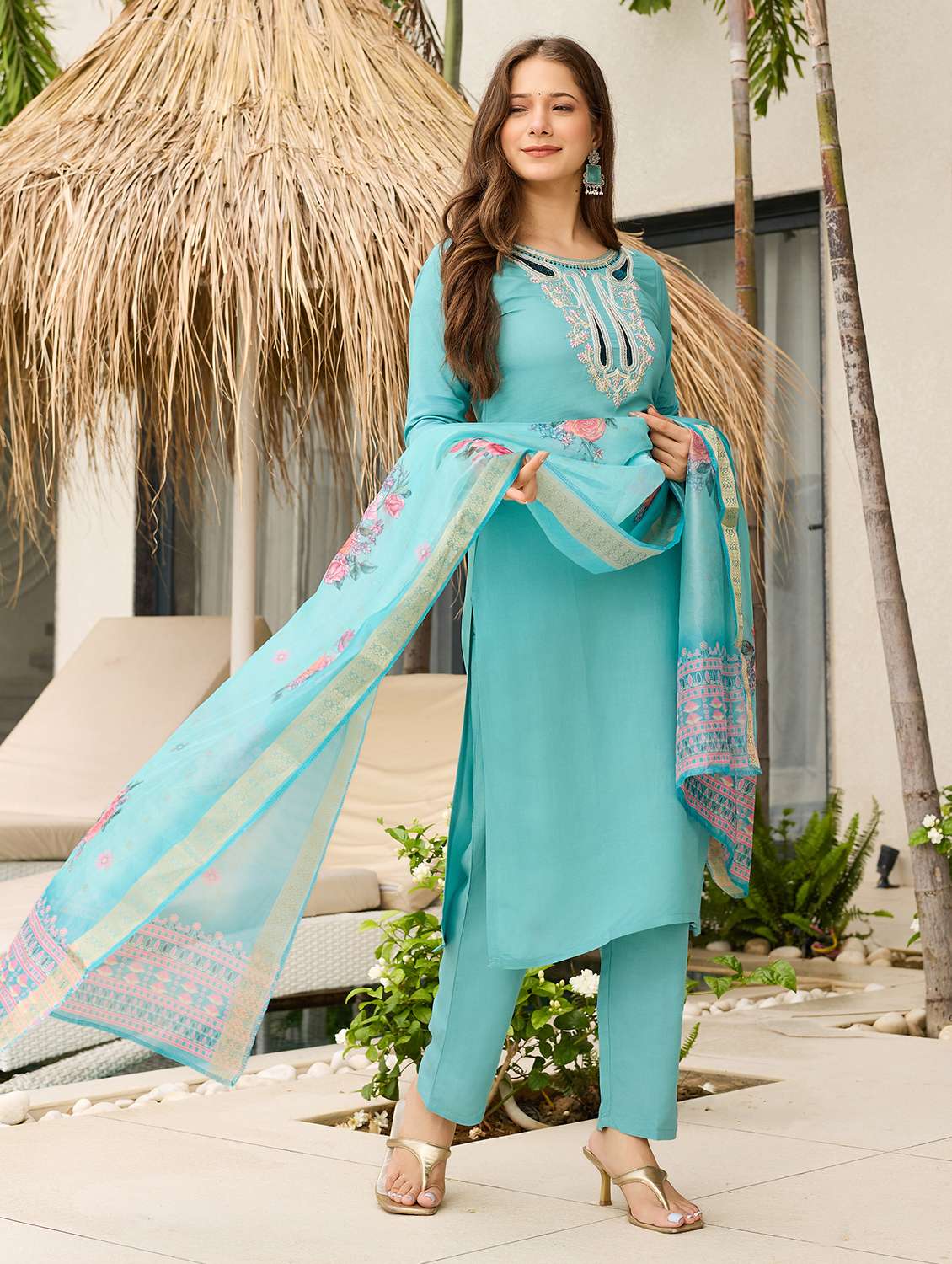 women solid with work three quarter sleeve kurta pant with dupatta set - 22481747 -  Standard Image - 3