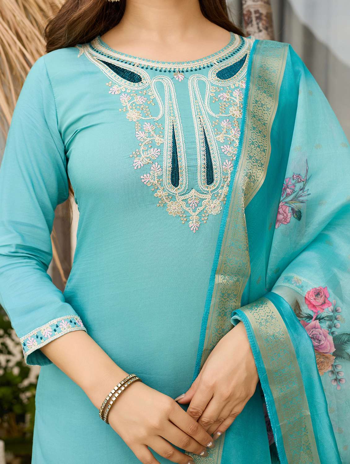 women solid with work three quarter sleeve kurta pant with dupatta set - 22481747 -  Standard Image - 5