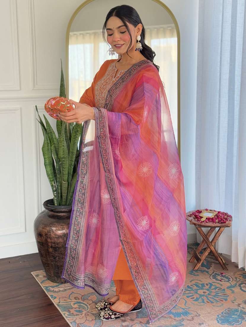 women solid with work three quarter sleeve kurta pant with dupatta set - 22481748 -  Standard Image - 3