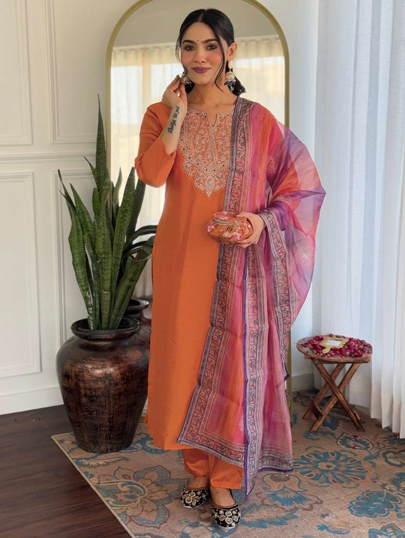 women solid with work three quarter sleeve kurta pant with dupatta set - 22481748 -  Standard Image - 5