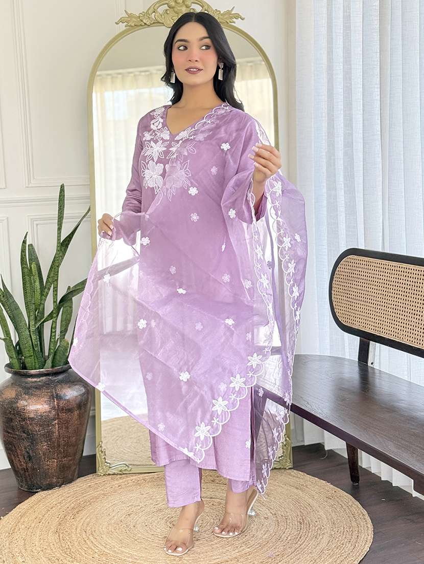 women solid with work three quarter sleeve kurta pant with dupatta set - 22481749 -  Standard Image - 5