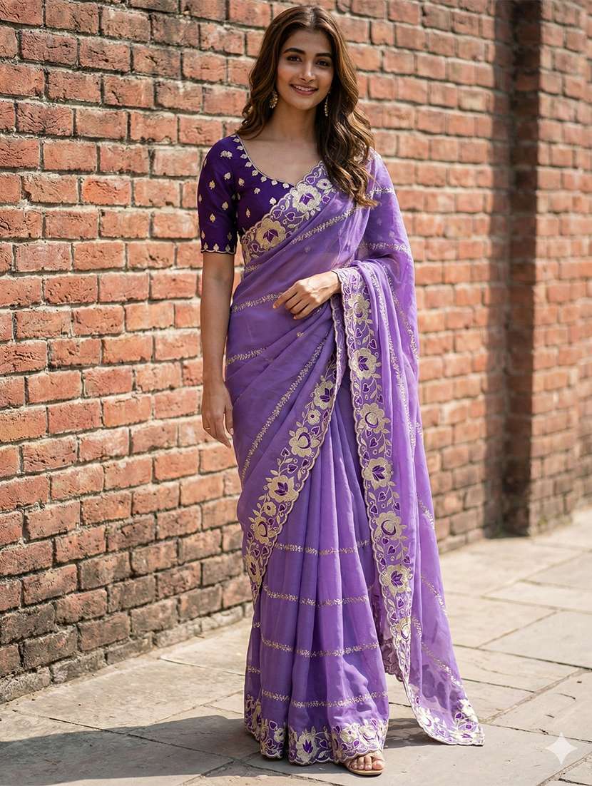 women solid with work embroidered saree with blouse