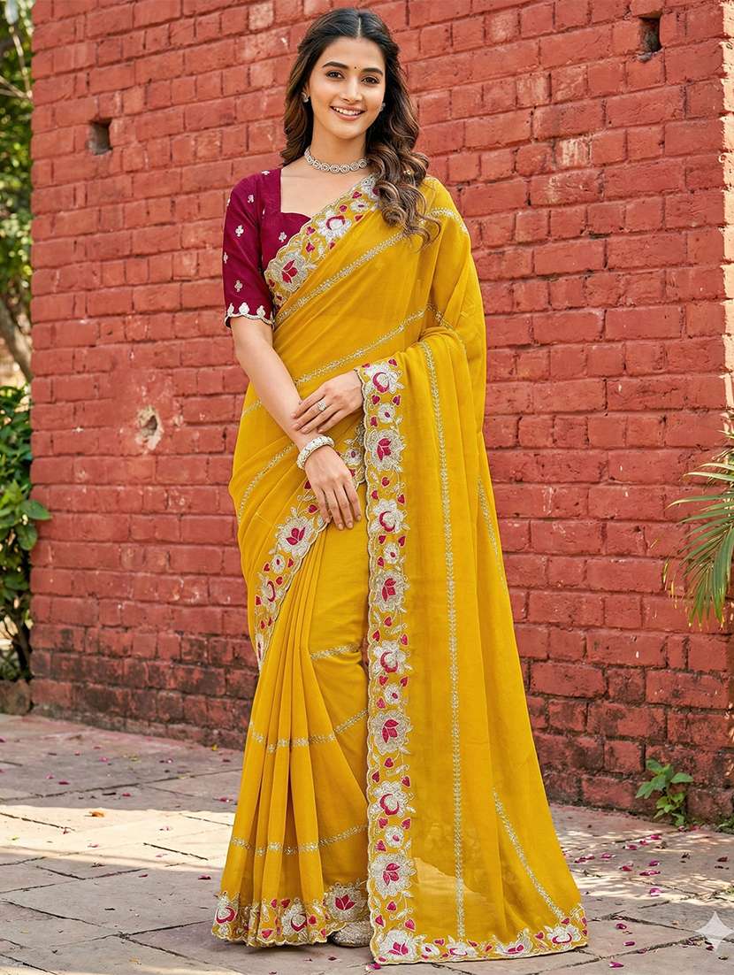 women solid with work embroidered saree with blouse