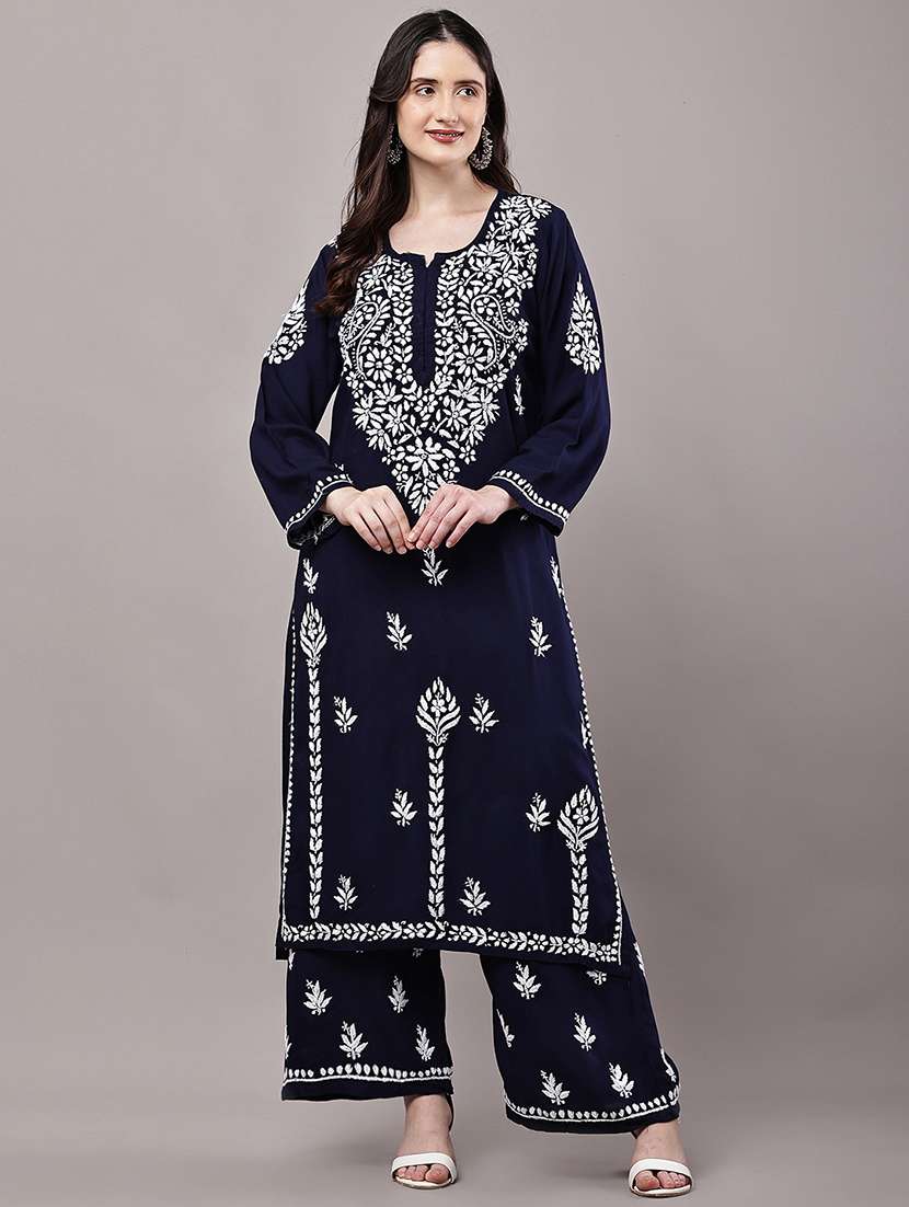 women solid with work long sleeve kurta palazzo set