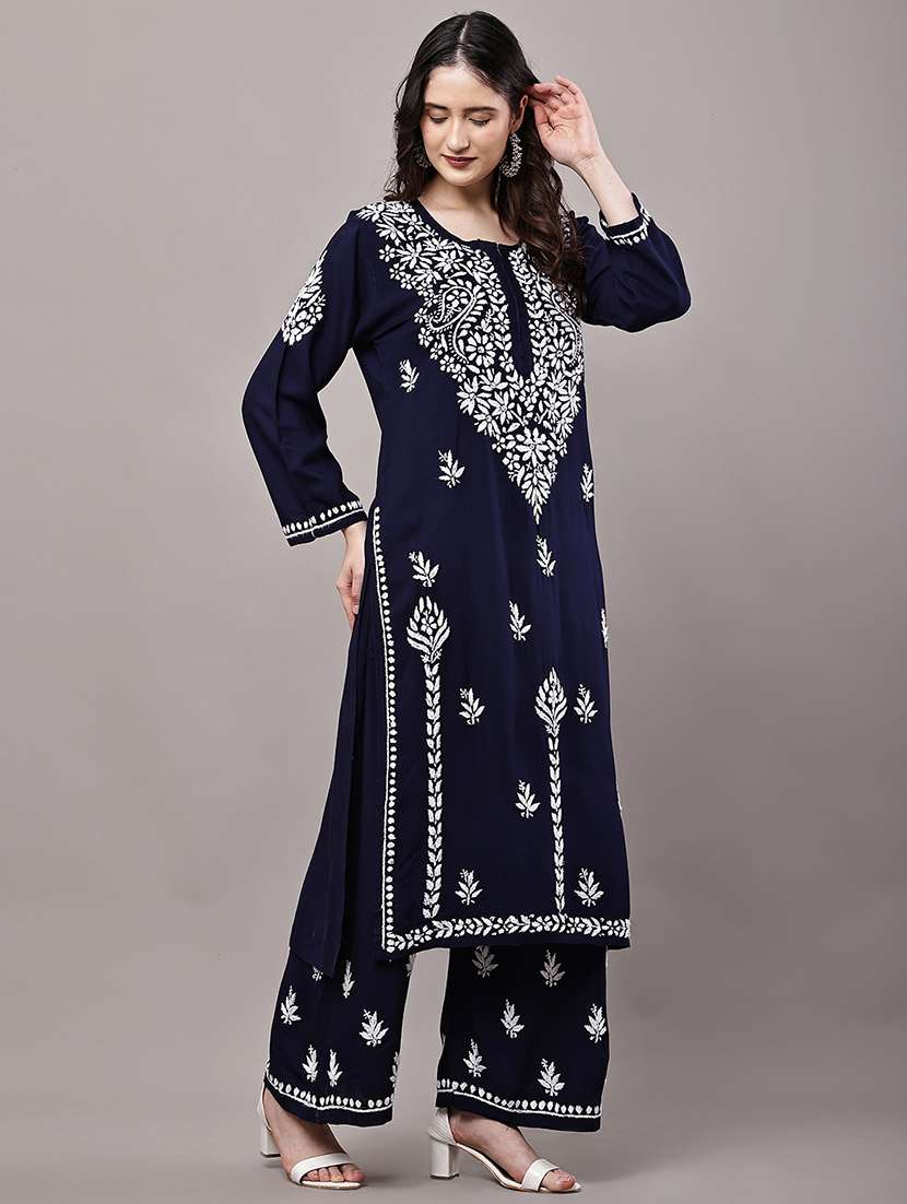 women solid with work long sleeve kurta palazzo set - 22485895 -  Standard Image - 3
