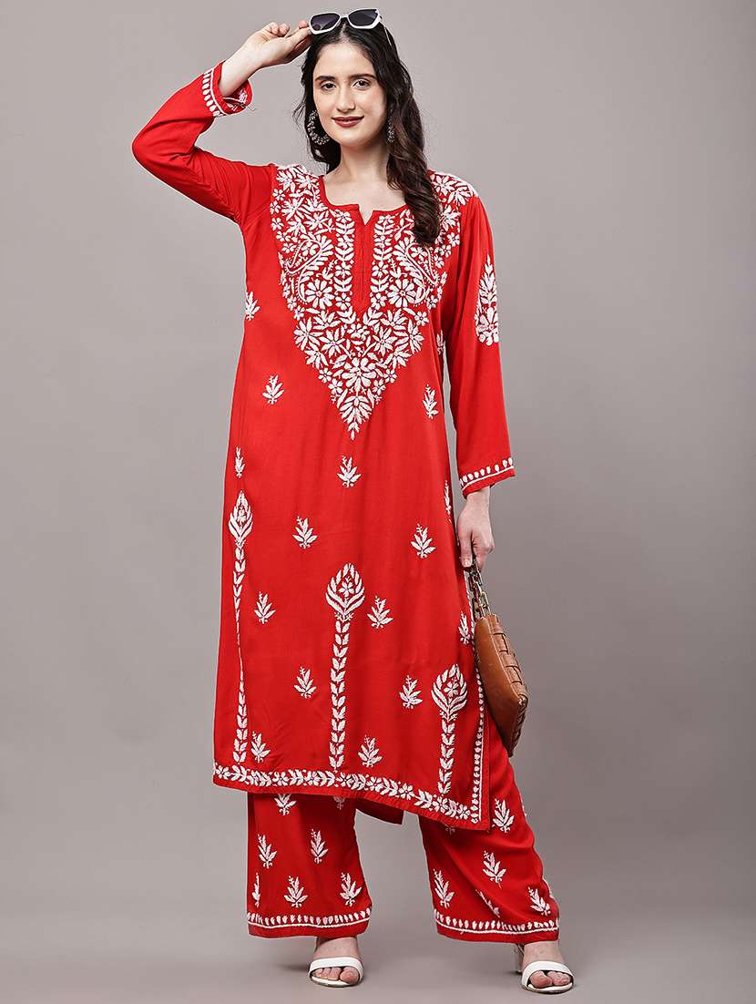 women solid with work long sleeve kurta palazzo set