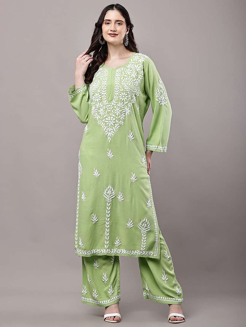 women solid with work long sleeve kurta palazzo set