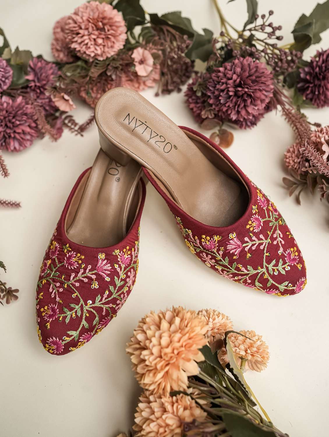women embroidered slip on mule