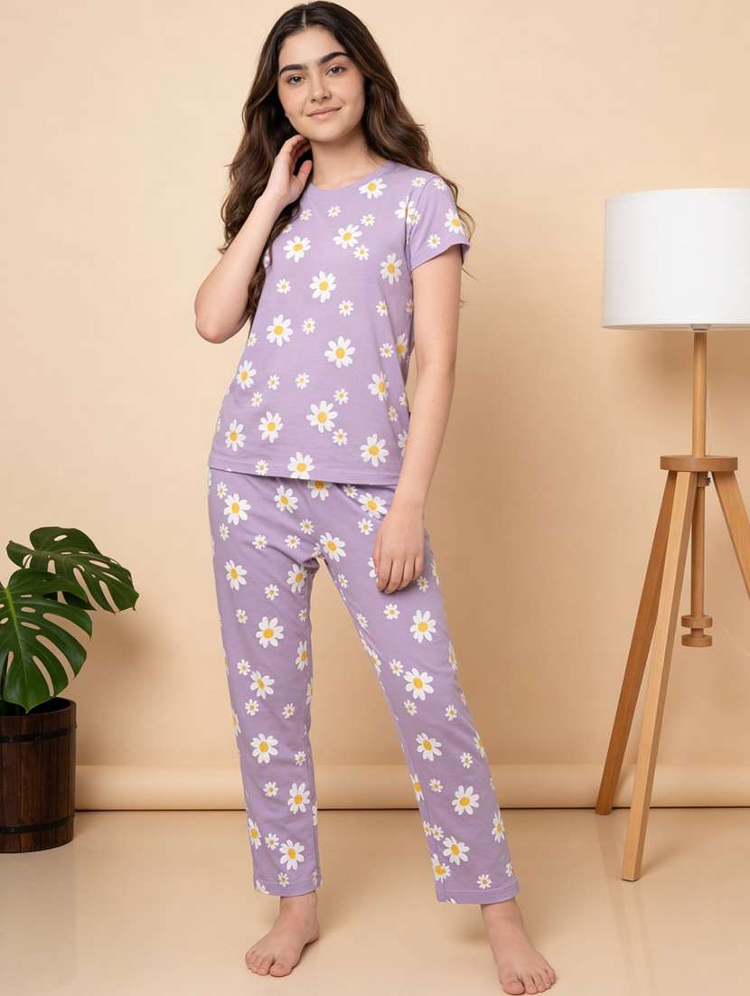 girls purple floral cotton pyjama set