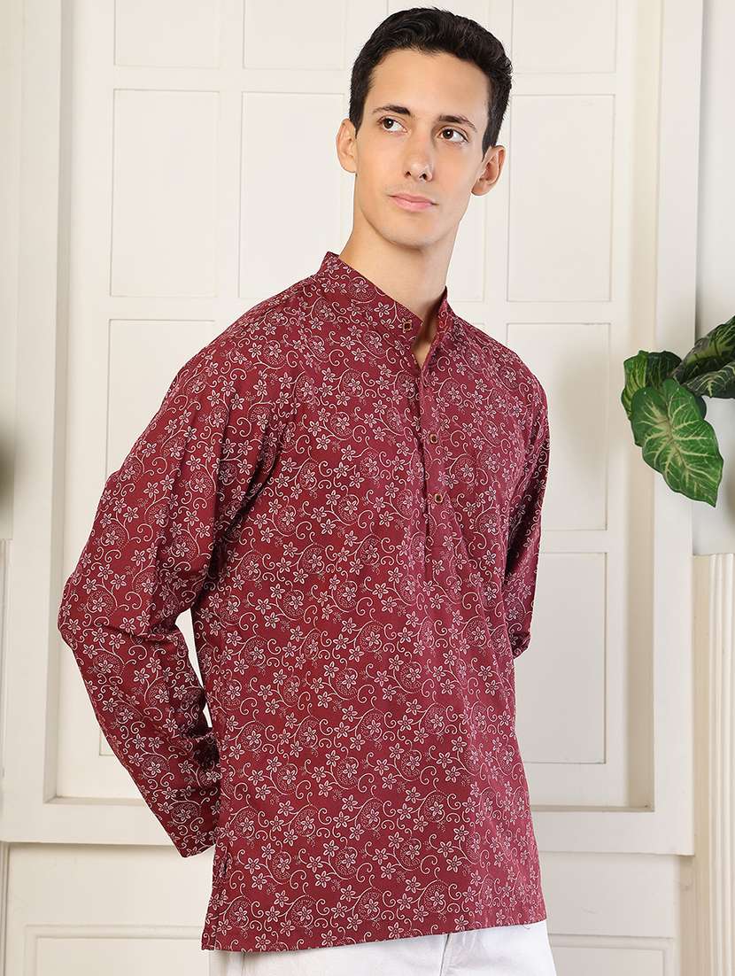 men floral printed mandarin neck short kurta - 22485920 -  Standard Image - 3