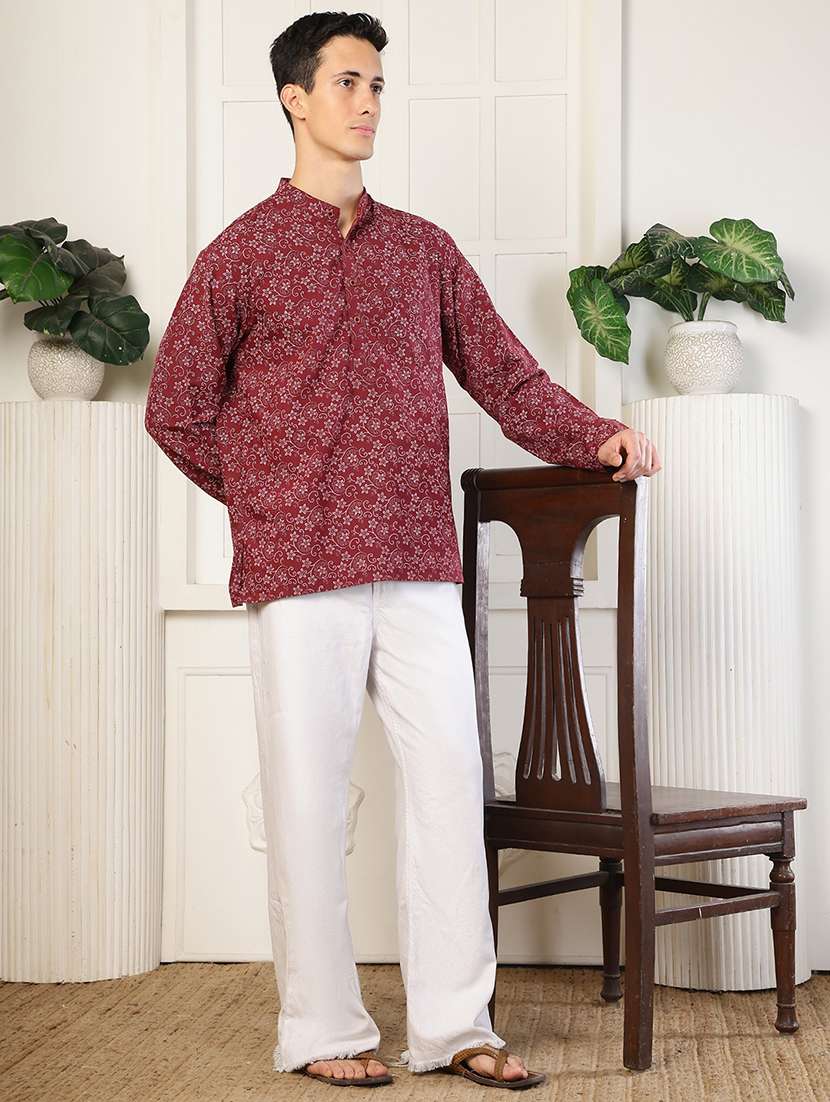 men floral printed mandarin neck short kurta - 22485920 -  Standard Image - 5