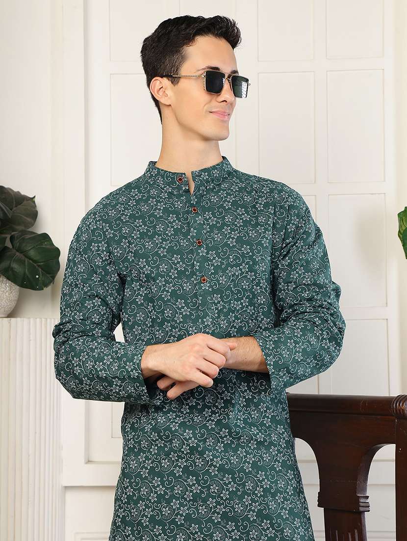 men printed mandarin neck long kurta