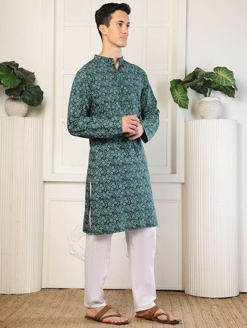 men printed mandarin neck long kurta - 22485921 -  Standard Image - 3