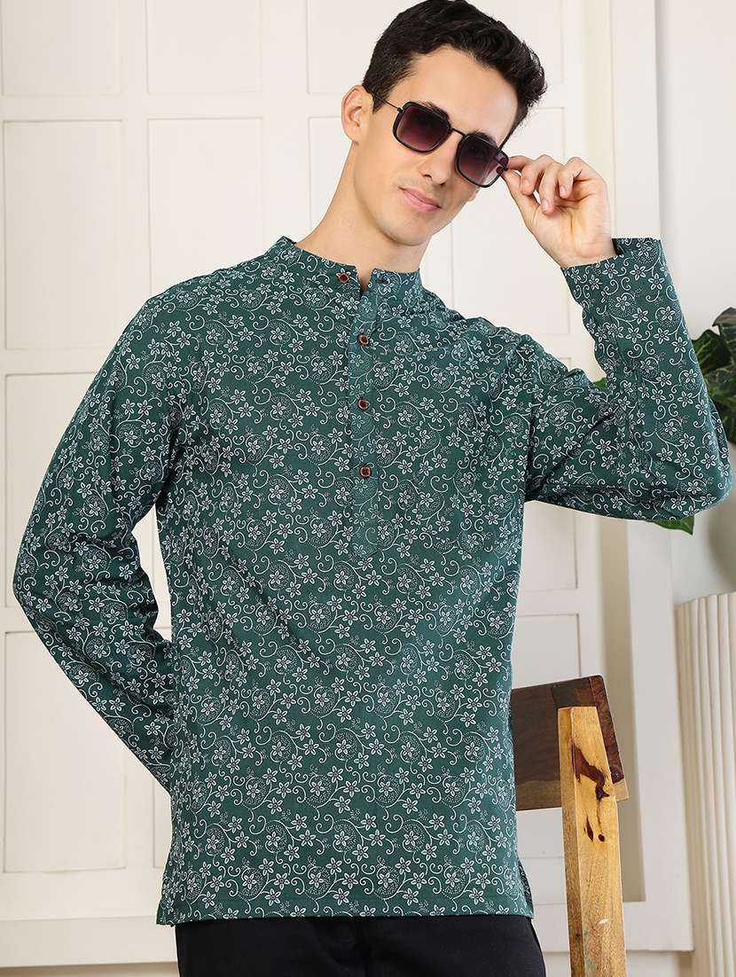 men floral printed mandarin neck short kurta