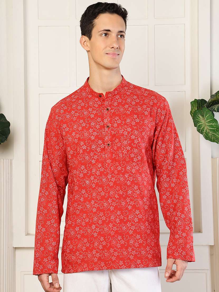 men floral printed mandarin neck short kurta