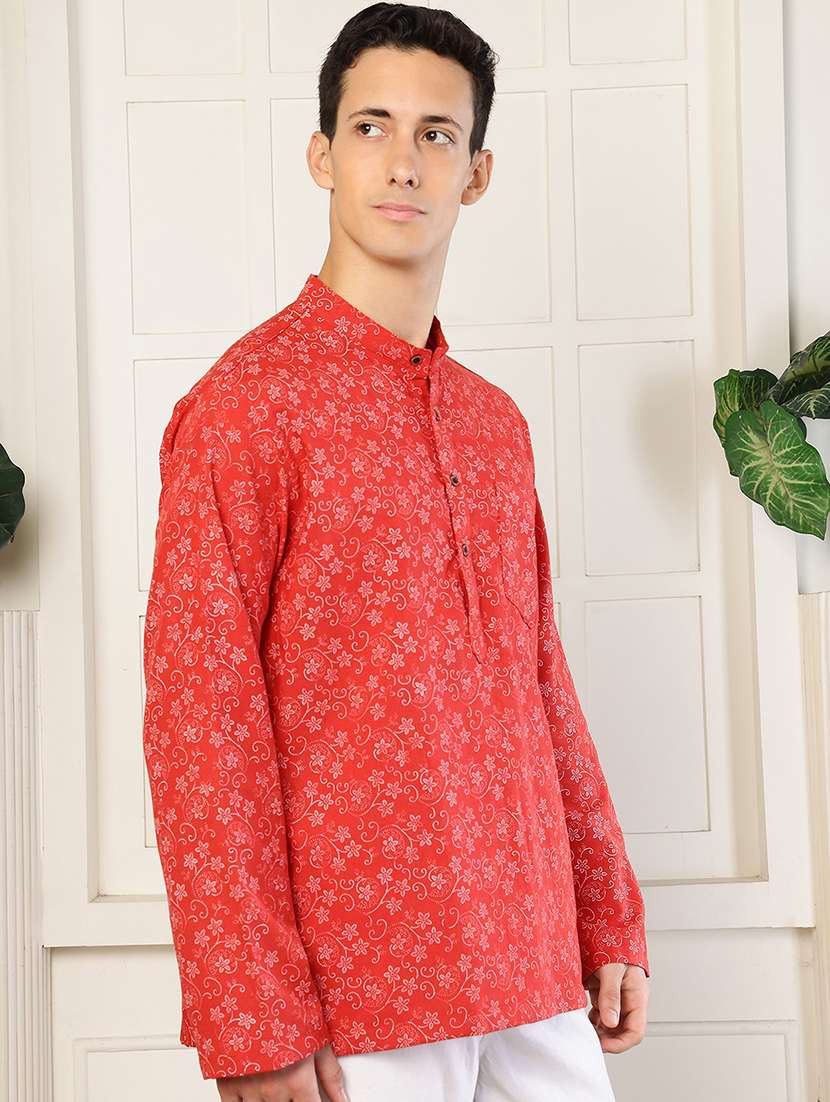 men floral printed mandarin neck short kurta - 22485924 -  Standard Image - 3