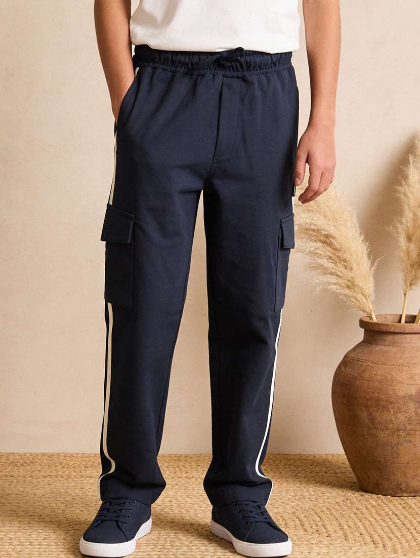 navy blue fleece track pant with side tape