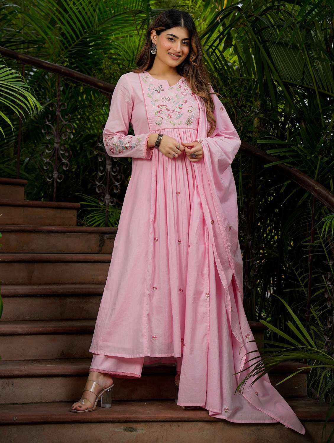 women embroidered notch neck kurta and pant set with dupatta