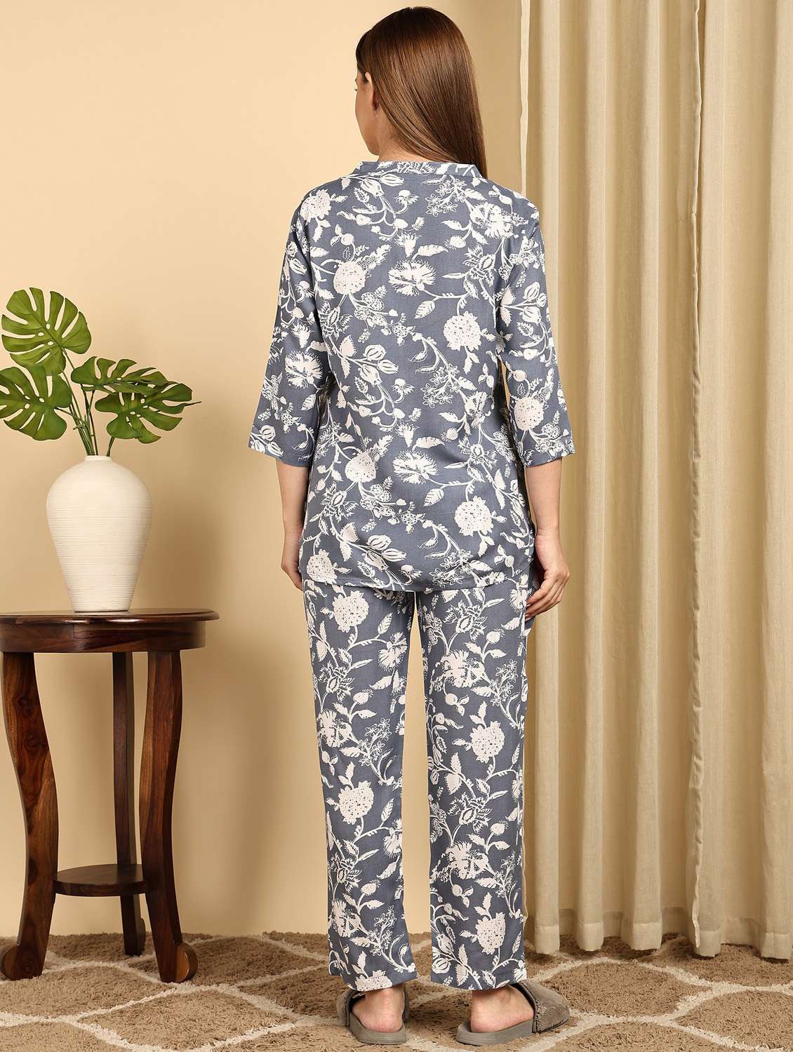women grey cotton pyjama set nightwear set - 22486067 -  Standard Image - 3