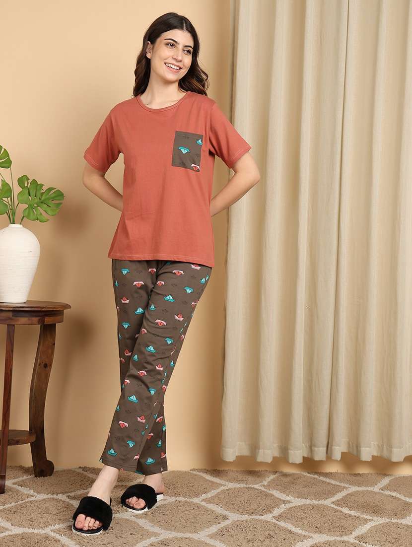 women peach cotton pyjama set nightwear set