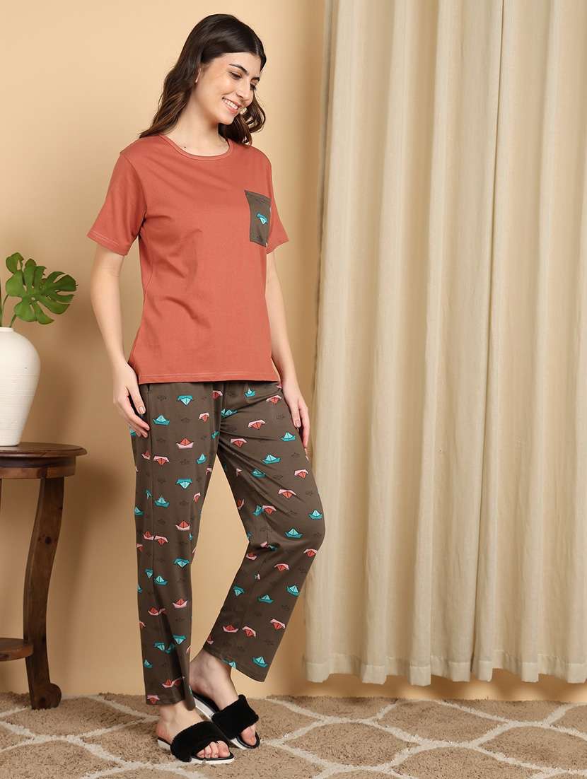 women peach cotton pyjama set nightwear set - 22486071 -  Standard Image - 3