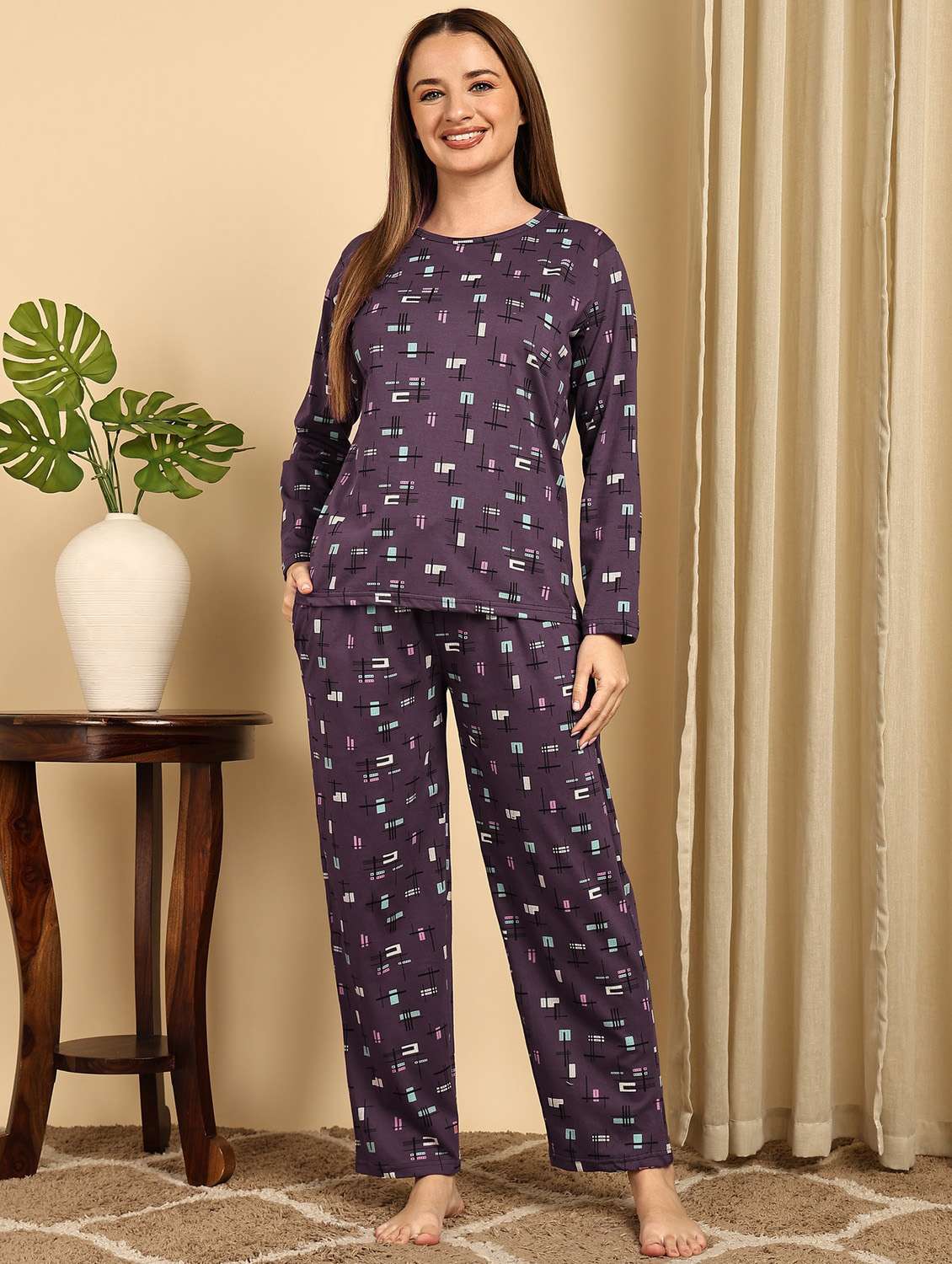 women purple cotton pyjama set nightwear set