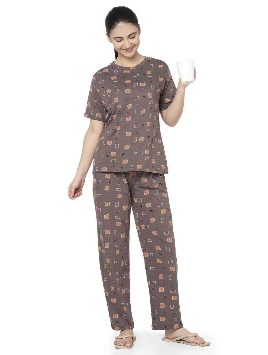 women brown cotton pyjama set nightwear set