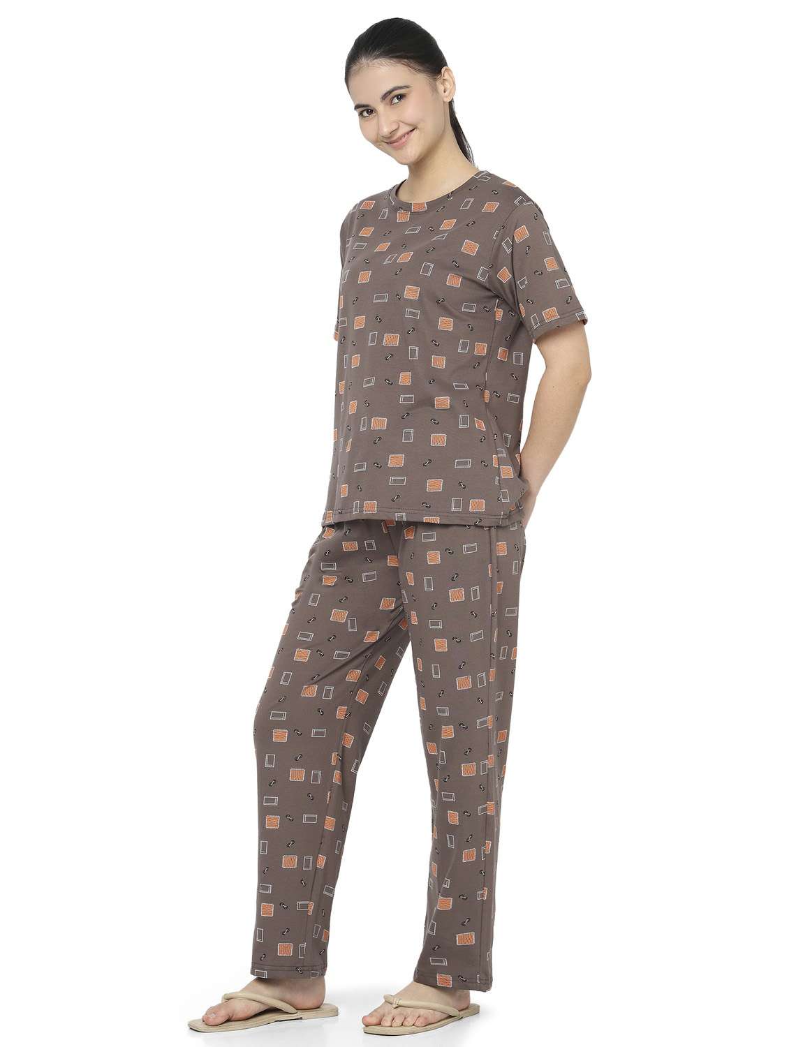 women brown cotton pyjama set nightwear set - 22486092 -  Standard Image - 3