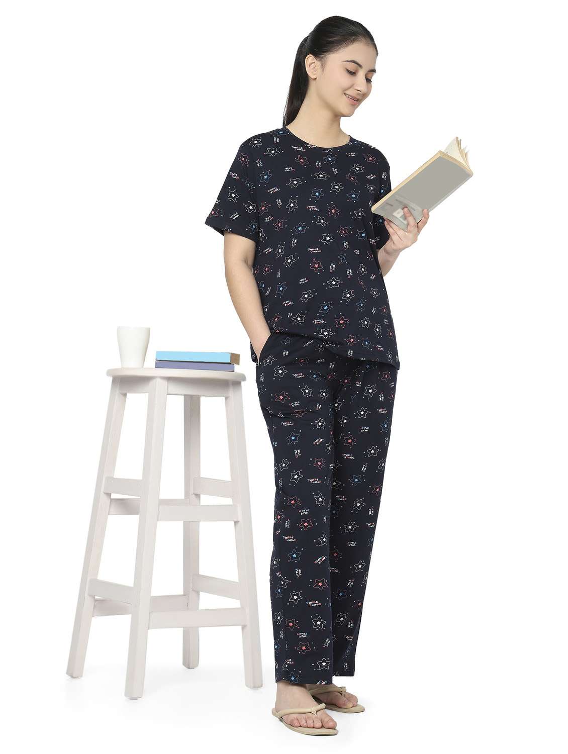 girls smarty pants navy blue cotton abstract night suit set