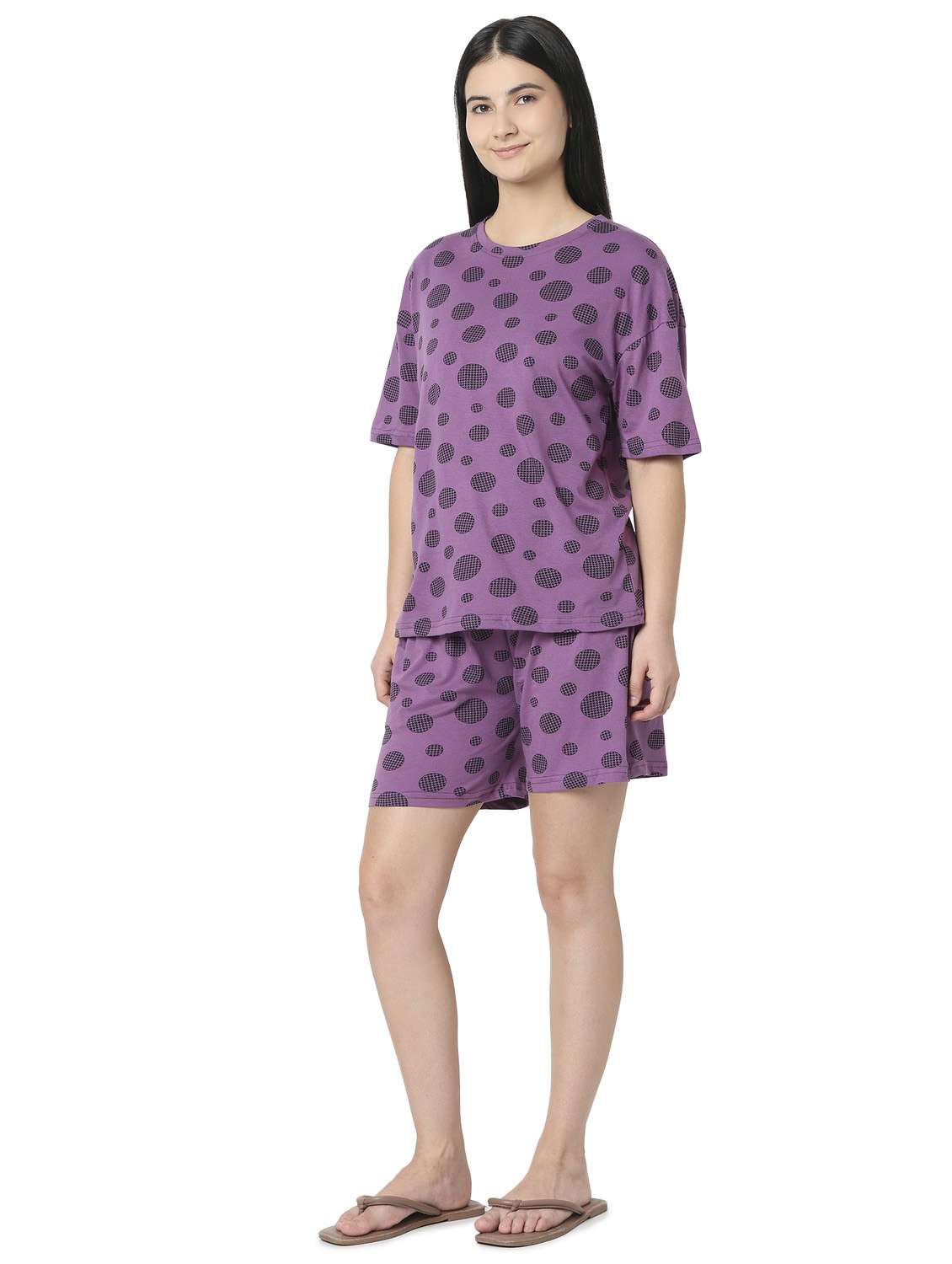 girls purple cotton round neck short sleeves pyjama set - 22486100 -  Standard Image - 3