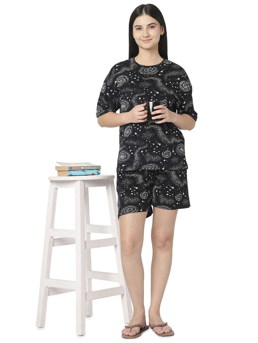 girls smarty pants black cotton galaxy print lounge wear nightwear set