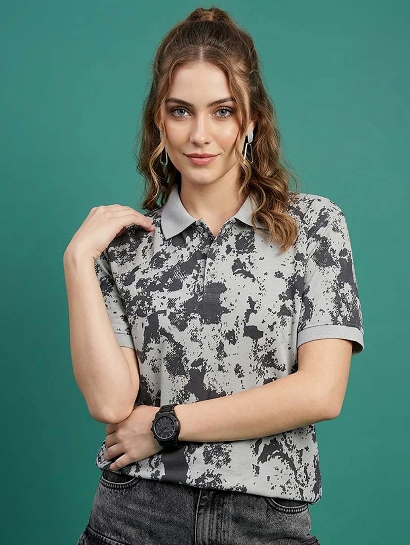 women printed polyester polo neck t-shirt