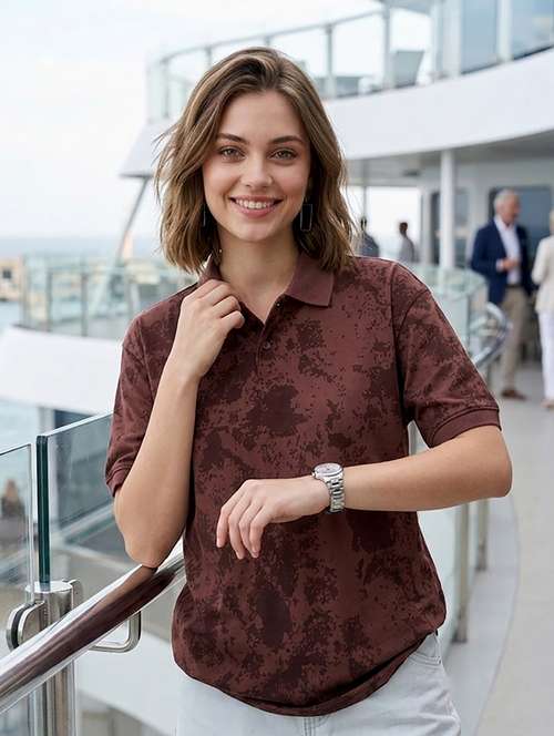 Women Printed Polyester Polo Neck T Shirt