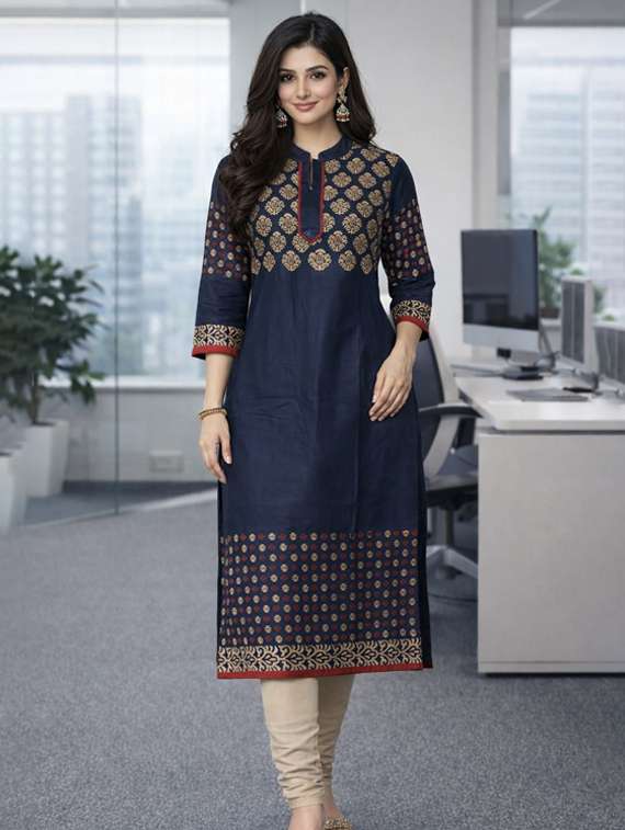 women printed three quarter sleeve straight kurta