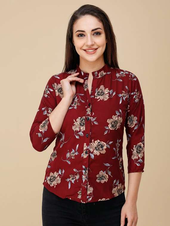 women maroon poly crepe regular shirt