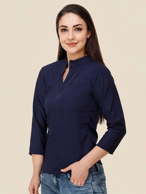 women blue poly crepe regular shirt