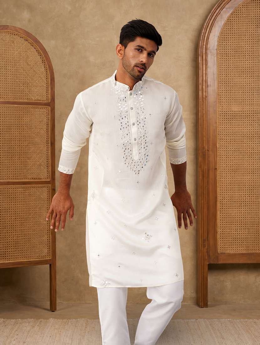 men solid with work mandarin neck kurta pyjama set