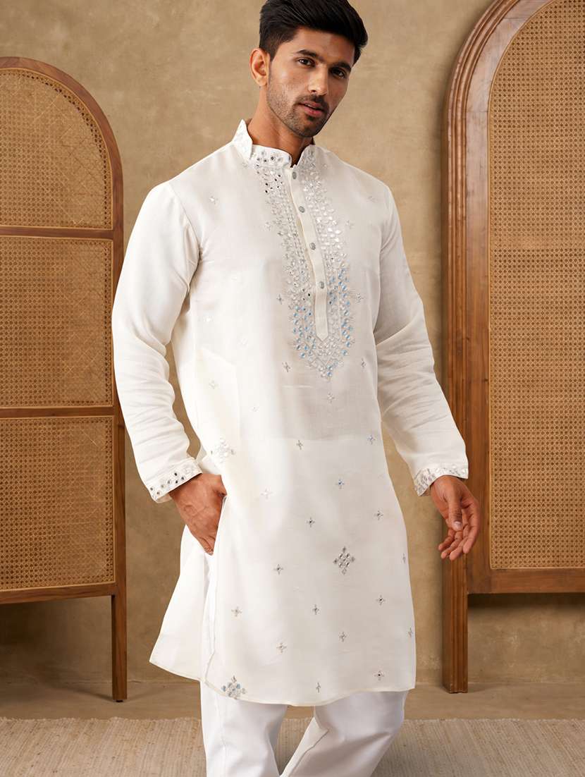 men solid with work mandarin neck kurta pyjama set - 22486267 -  Standard Image - 3