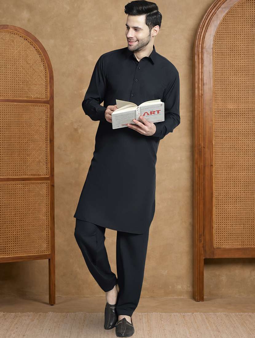men solid long sleeve pathani ethnic wear set